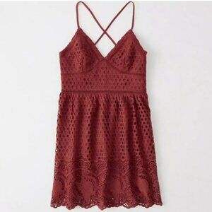 Abercrombie & Fitch Spaghetti Strap Crochet Eyelet Mini Dress Rust A&F XL $68